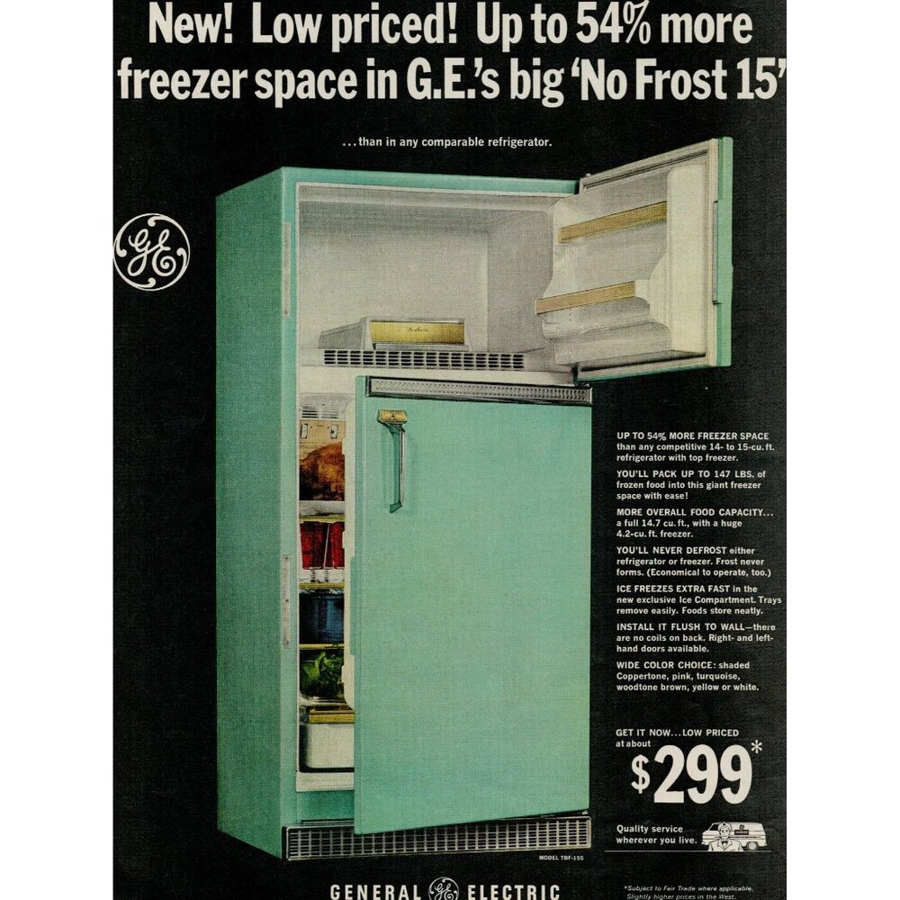 1965 General Electric "No Frost 15" refrigerator-freezer Vintage Print Ad (L19)